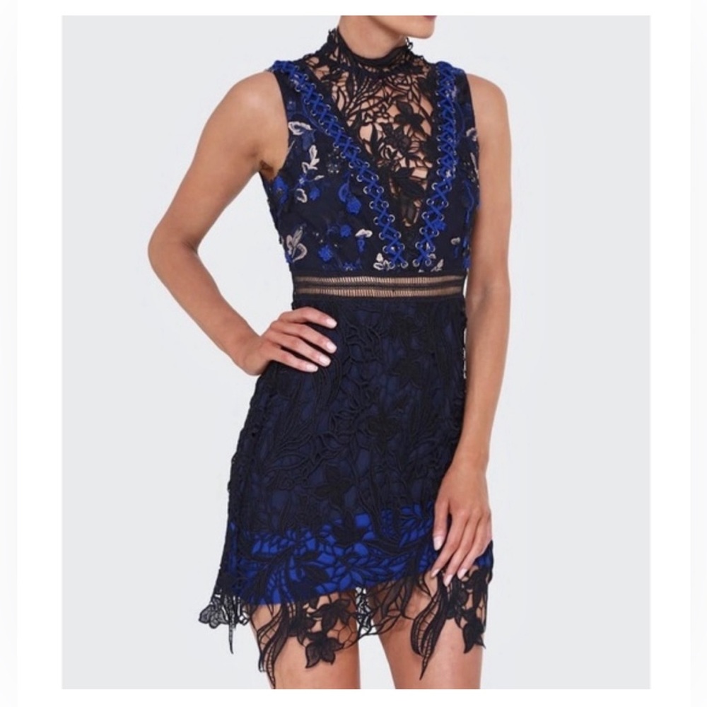 Self-Portrait Navy and Royal Blue Lace Mini Dress